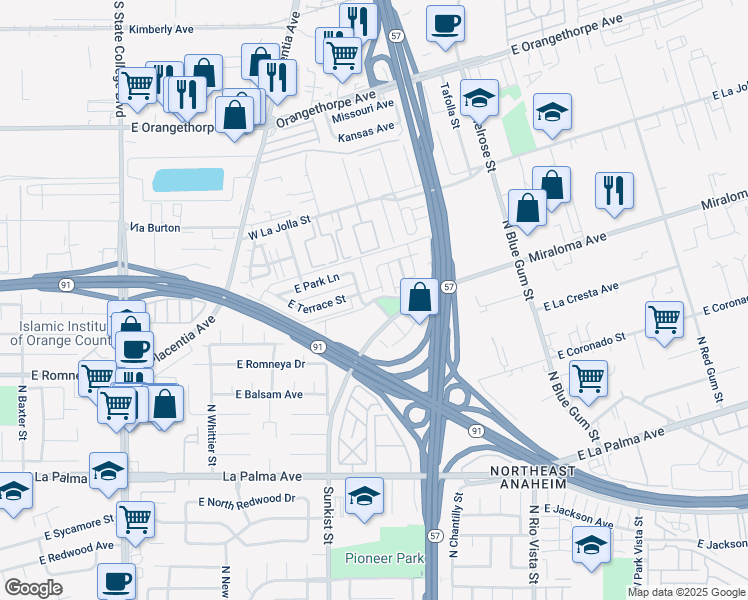 map of restaurants, bars, coffee shops, grocery stores, and more near East Miraloma Way & North Sunshine Way in Anaheim