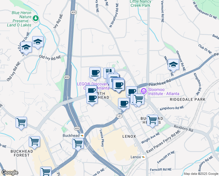 map of restaurants, bars, coffee shops, grocery stores, and more near 3500 Peachtree Road Northeast in Atlanta