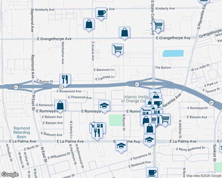 map of restaurants, bars, coffee shops, grocery stores, and more near 1601 East Crestlane Avenue in Anaheim