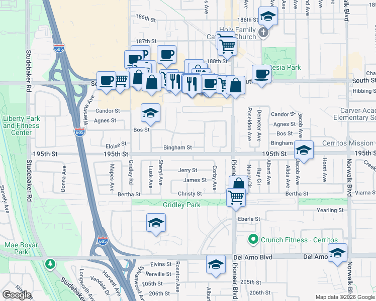 map of restaurants, bars, coffee shops, grocery stores, and more near 11614 Bingham Street in Cerritos