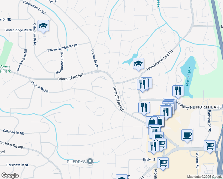 map of restaurants, bars, coffee shops, grocery stores, and more near 2358 Briarcliff Cove Northeast in Atlanta