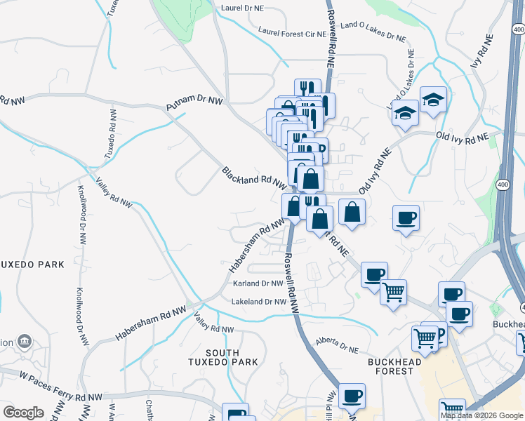 map of restaurants, bars, coffee shops, grocery stores, and more near 3636 Habersham Road Northwest in Atlanta