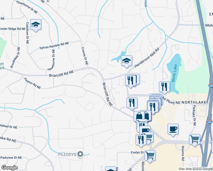 map of restaurants, bars, coffee shops, grocery stores, and more near 2358 Briarcliff Cove Northeast in Atlanta