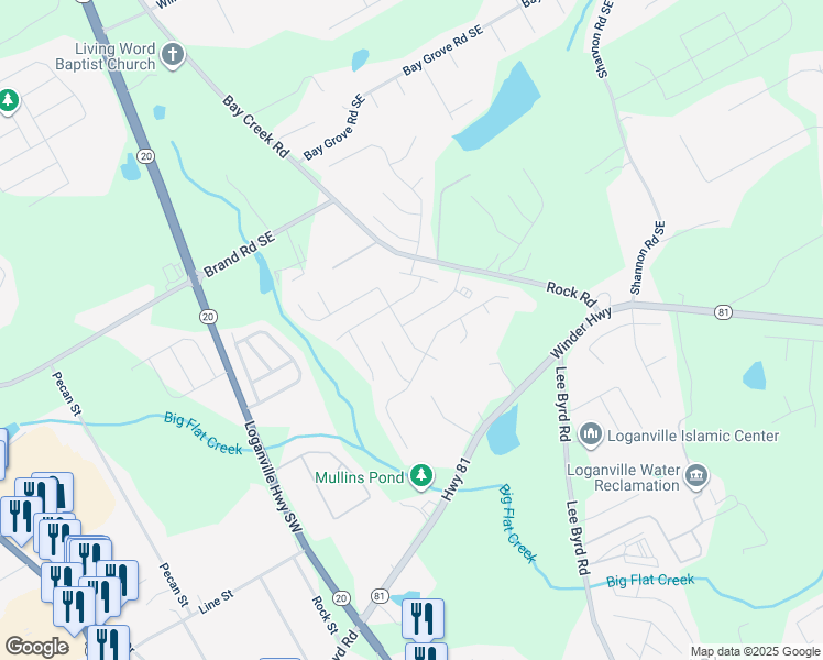 map of restaurants, bars, coffee shops, grocery stores, and more near 239 Misty Grove Drive Southeast in Loganville