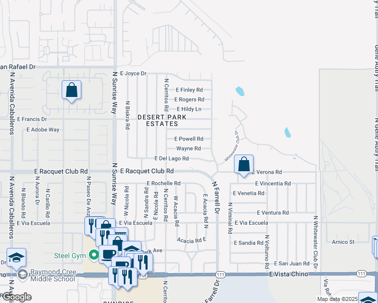 map of restaurants, bars, coffee shops, grocery stores, and more near 2307 Wayne Road in Palm Springs