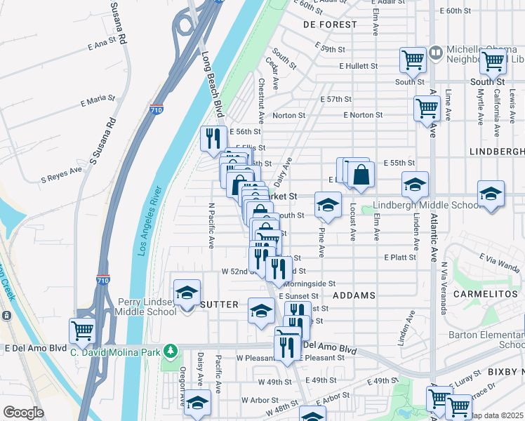 map of restaurants, bars, coffee shops, grocery stores, and more near 17 East Plymouth Street in Long Beach
