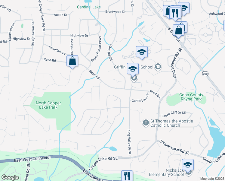 map of restaurants, bars, coffee shops, grocery stores, and more near 946 Reed Road in Smyrna