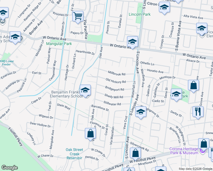 map of restaurants, bars, coffee shops, grocery stores, and more near 1257 Bridgeport Road in Corona