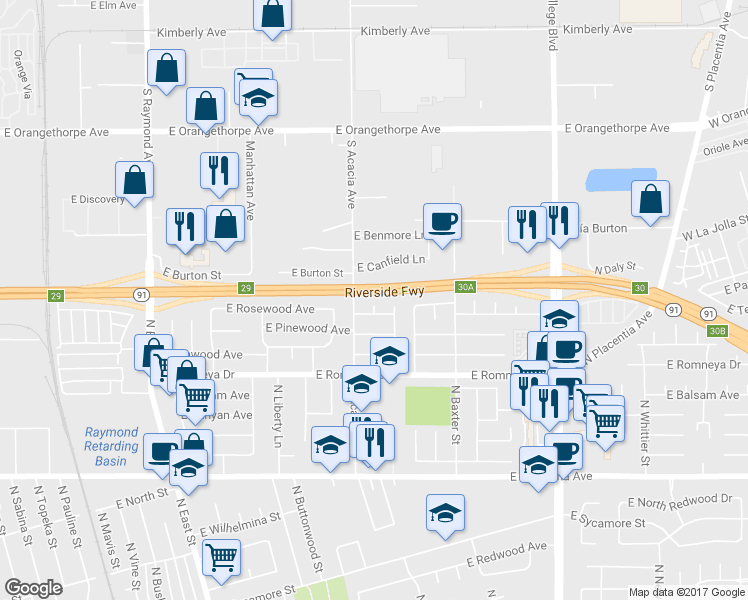 map of restaurants, bars, coffee shops, grocery stores, and more near 1320 North Crestlane Place in Anaheim