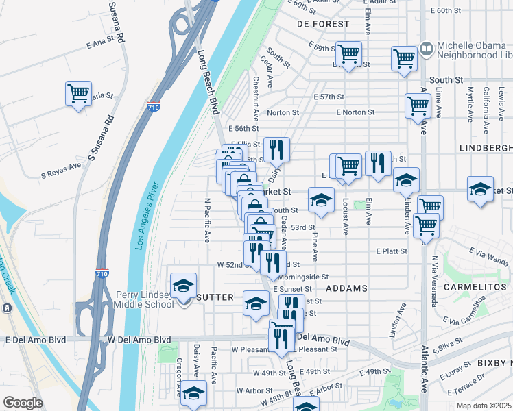 map of restaurants, bars, coffee shops, grocery stores, and more near 17 East Plymouth Street in Long Beach