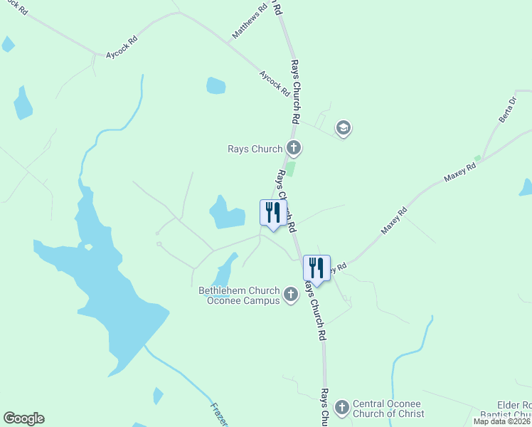 map of restaurants, bars, coffee shops, grocery stores, and more near Dick Budd Road in Oconee County