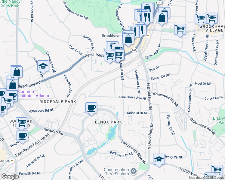 map of restaurants, bars, coffee shops, grocery stores, and more near 2344 Loraine Street Northeast in Atlanta