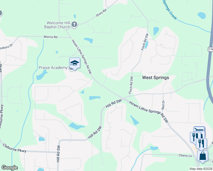 map of restaurants, bars, coffee shops, grocery stores, and more near 4141 Hiram Lithia Springs Road Southwest in Powder Springs