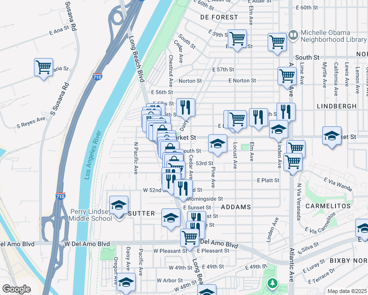 map of restaurants, bars, coffee shops, grocery stores, and more near 51 East Plymouth Street in Long Beach