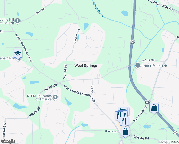 map of restaurants, bars, coffee shops, grocery stores, and more near 4196 Oak Springs Road in Powder Springs