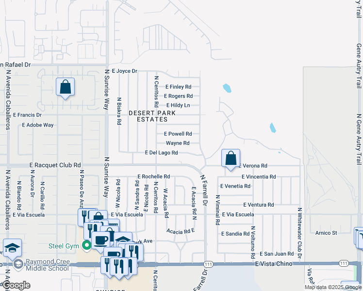 map of restaurants, bars, coffee shops, grocery stores, and more near 2357 Wayne Road in Palm Springs