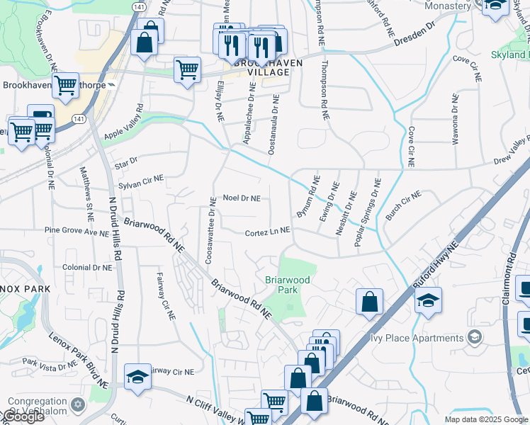 map of restaurants, bars, coffee shops, grocery stores, and more near 2338 Cortez Way Northeast in Atlanta