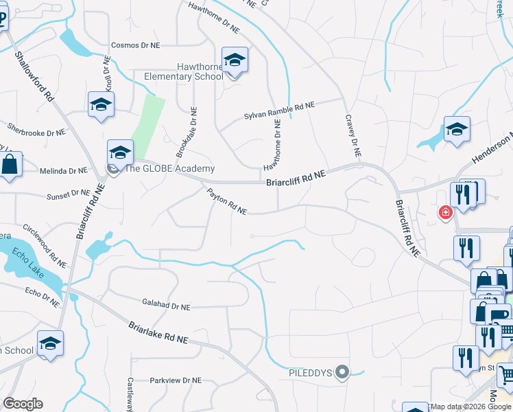 map of restaurants, bars, coffee shops, grocery stores, and more near 2858 Payton Road Northeast in Atlanta