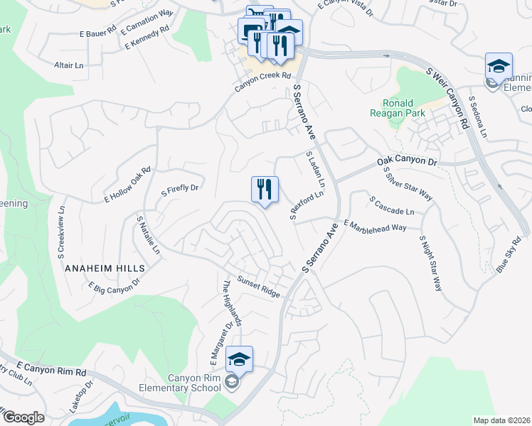 map of restaurants, bars, coffee shops, grocery stores, and more near 7905 East Viewrim Drive in Anaheim