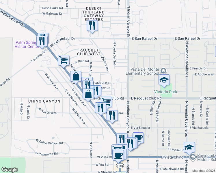 map of restaurants, bars, coffee shops, grocery stores, and more near 280 West Cortez Road in Palm Springs