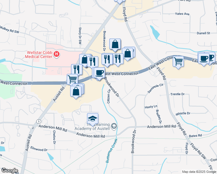 map of restaurants, bars, coffee shops, grocery stores, and more near 4086 Brookwood Drive in Austell