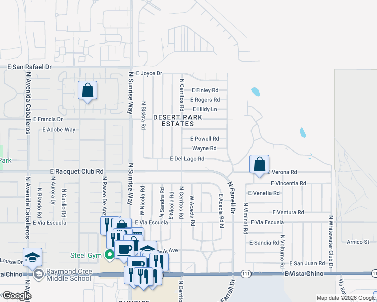map of restaurants, bars, coffee shops, grocery stores, and more near 2125 Wayne Road in Palm Springs