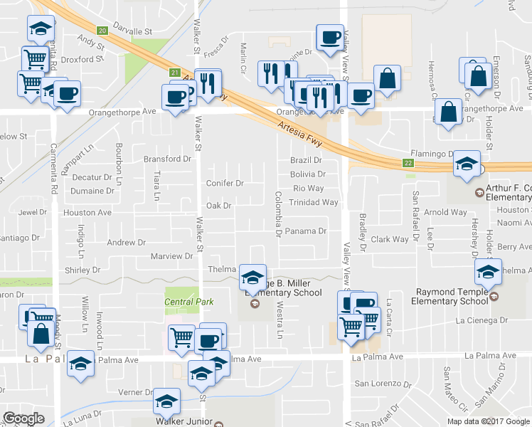 map of restaurants, bars, coffee shops, grocery stores, and more near 7510 Chile Circle in Buena Park