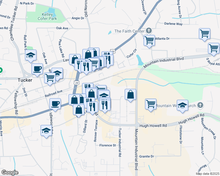 map of restaurants, bars, coffee shops, grocery stores, and more near 7307 Dupont Lane in Tucker