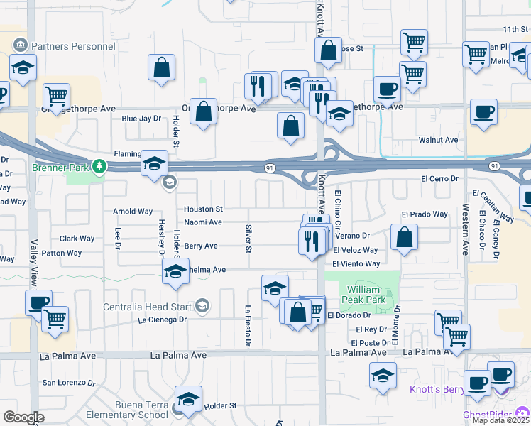 map of restaurants, bars, coffee shops, grocery stores, and more near 6876 Houston Street in Buena Park