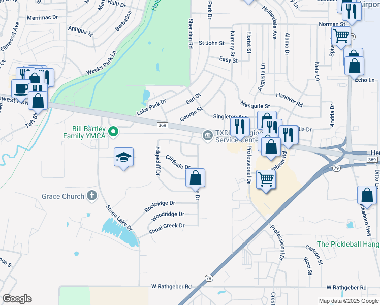 map of restaurants, bars, coffee shops, grocery stores, and more near 1704 Downhill Drive in Wichita Falls