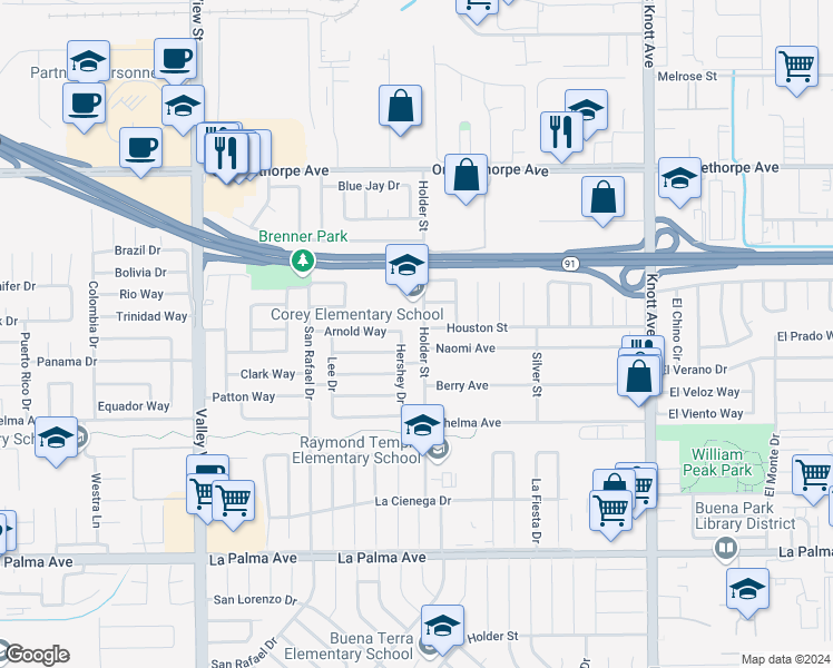 map of restaurants, bars, coffee shops, grocery stores, and more near 7505 Holder Street in Buena Park