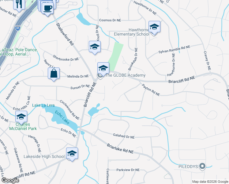 map of restaurants, bars, coffee shops, grocery stores, and more near 2358 Bradcliff Drive Northeast in Atlanta