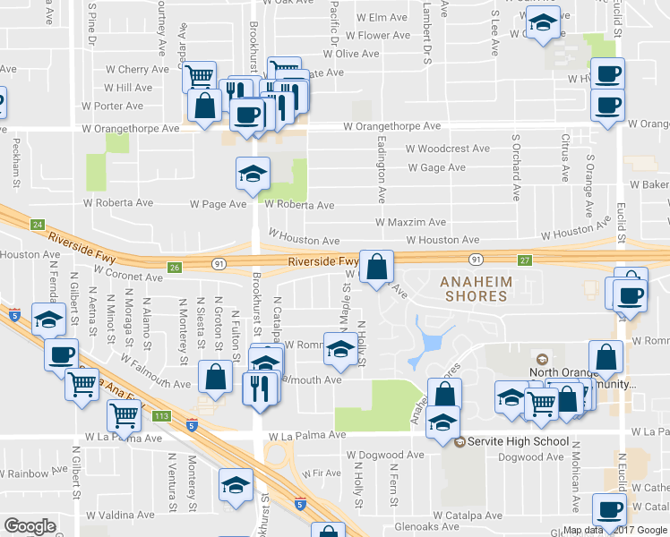 map of restaurants, bars, coffee shops, grocery stores, and more near 2075 W Coronet Ave in Anaheim