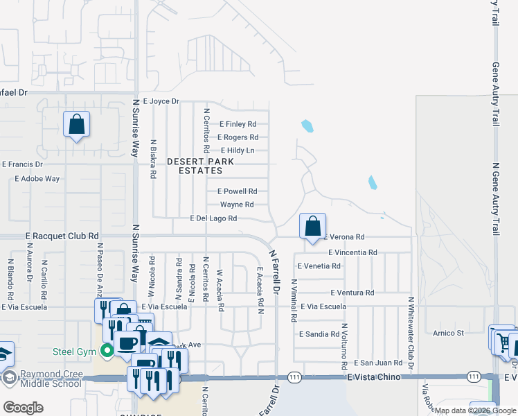 map of restaurants, bars, coffee shops, grocery stores, and more near 2599 North Farrell Drive in Palm Springs