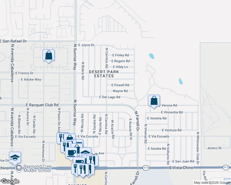 map of restaurants, bars, coffee shops, grocery stores, and more near 2125 Wayne Road in Palm Springs