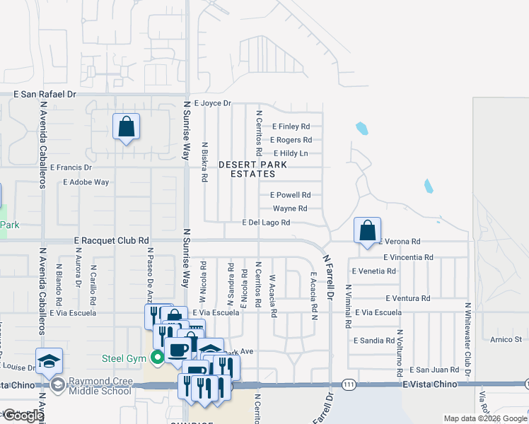map of restaurants, bars, coffee shops, grocery stores, and more near 2125 Wayne Road in Palm Springs