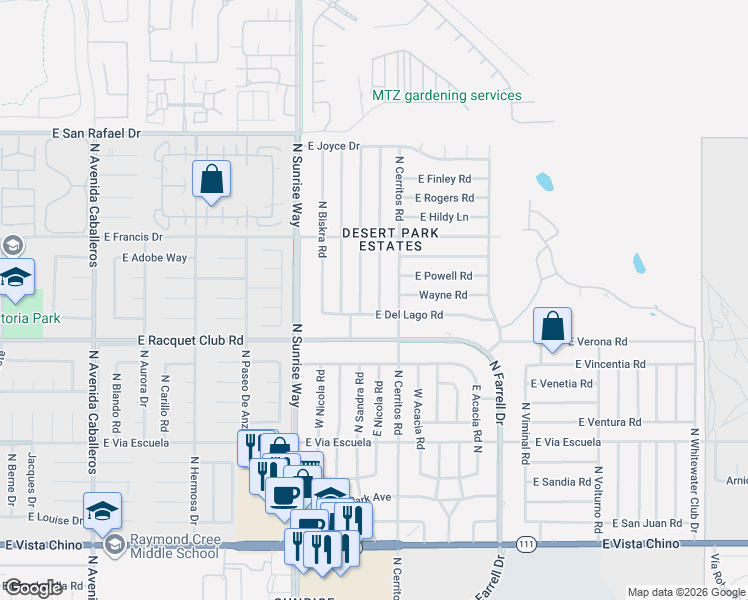 map of restaurants, bars, coffee shops, grocery stores, and more near 2300 North Cypress Road in Palm Springs