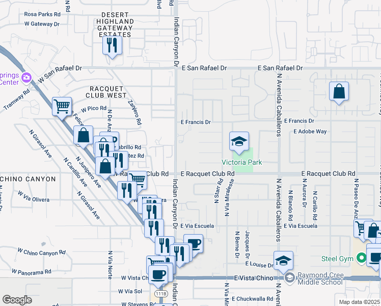 map of restaurants, bars, coffee shops, grocery stores, and more near 307 East Desert Willow Circle in Palm Springs
