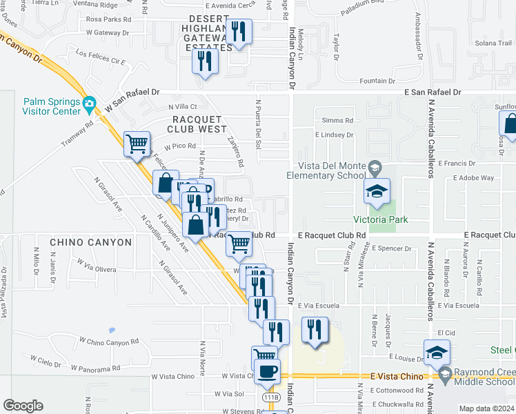 map of restaurants, bars, coffee shops, grocery stores, and more near 130 West Racquet Club Road in Palm Springs