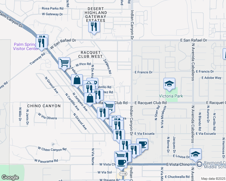 map of restaurants, bars, coffee shops, grocery stores, and more near 280 West Cortez Road in Palm Springs