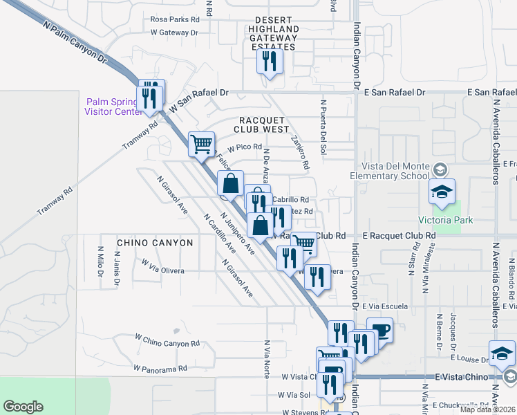 map of restaurants, bars, coffee shops, grocery stores, and more near 2693 Paragon Loop in Palm Springs