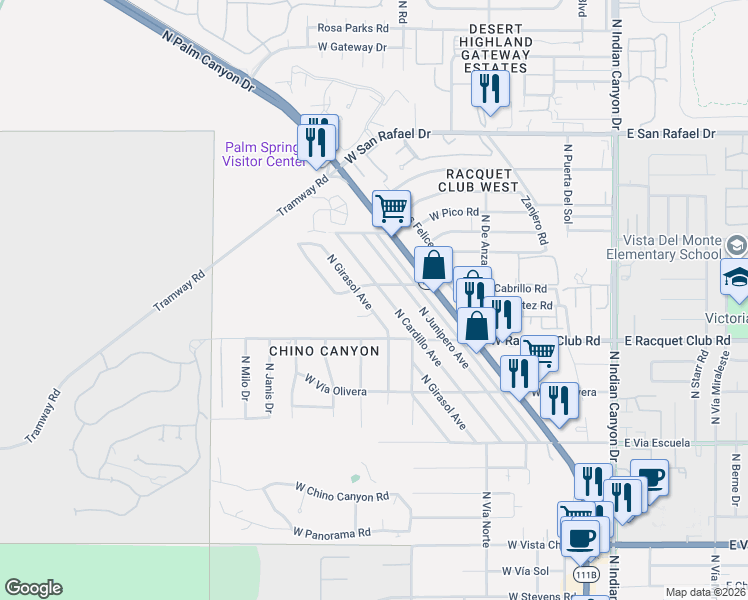 map of restaurants, bars, coffee shops, grocery stores, and more near 2666 North Girasol Avenue in Palm Springs