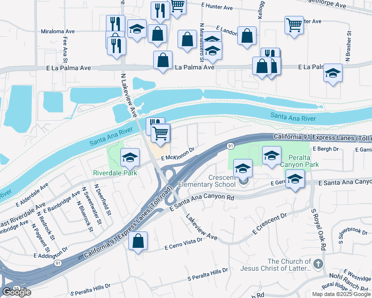 map of restaurants, bars, coffee shops, grocery stores, and more near 4831 East McKinnon Drive in Anaheim