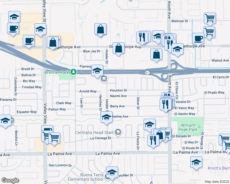 map of restaurants, bars, coffee shops, grocery stores, and more near 6580 Houston Street in Buena Park