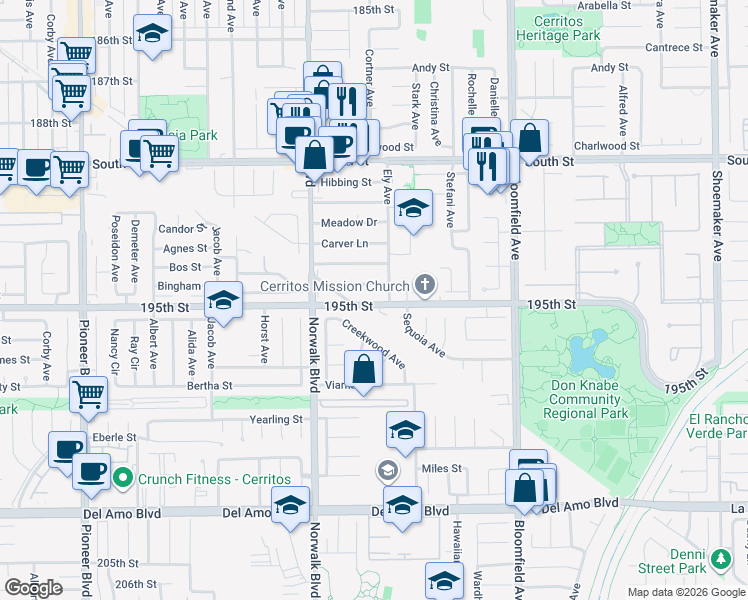 map of restaurants, bars, coffee shops, grocery stores, and more near 12327 195th Street in Artesia