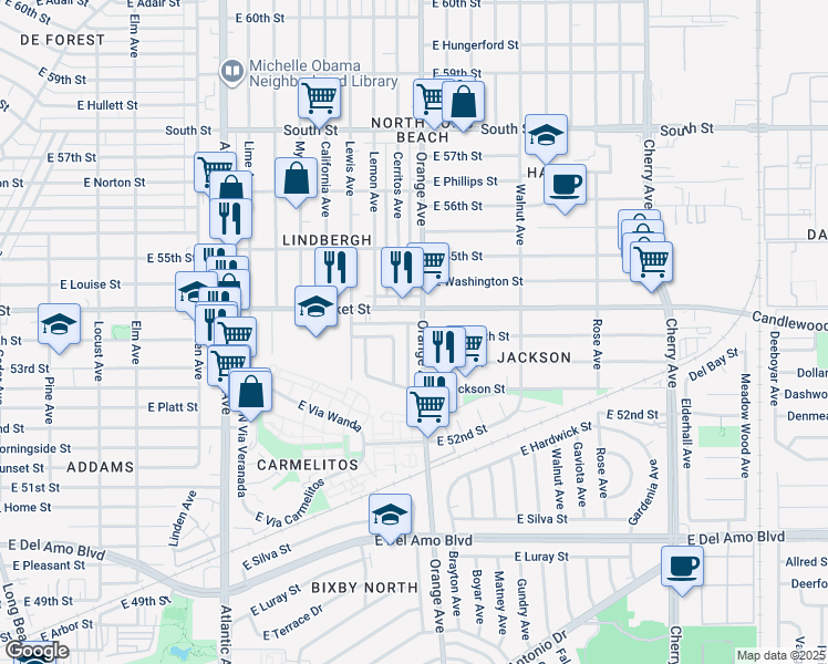 map of restaurants, bars, coffee shops, grocery stores, and more near 5359 Orange Avenue in Long Beach