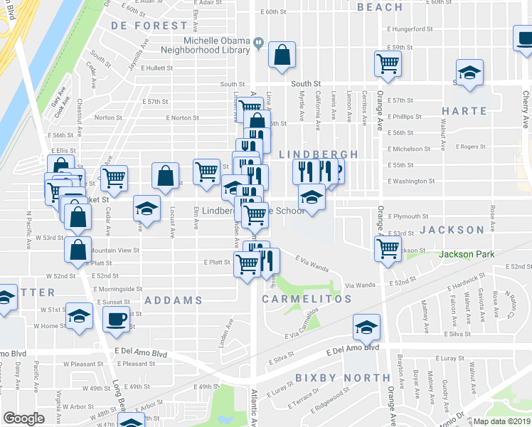 map of restaurants, bars, coffee shops, grocery stores, and more near 5357 Olive Avenue in Long Beach