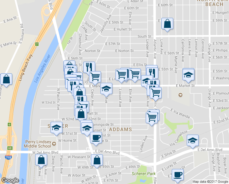 map of restaurants, bars, coffee shops, grocery stores, and more near 235 East Plymouth Street in Long Beach
