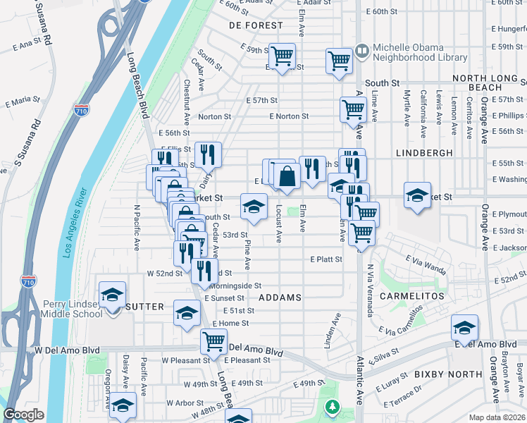 map of restaurants, bars, coffee shops, grocery stores, and more near 235 East Plymouth Street in Long Beach