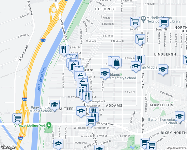 map of restaurants, bars, coffee shops, grocery stores, and more near 51 East Plymouth Street in Long Beach